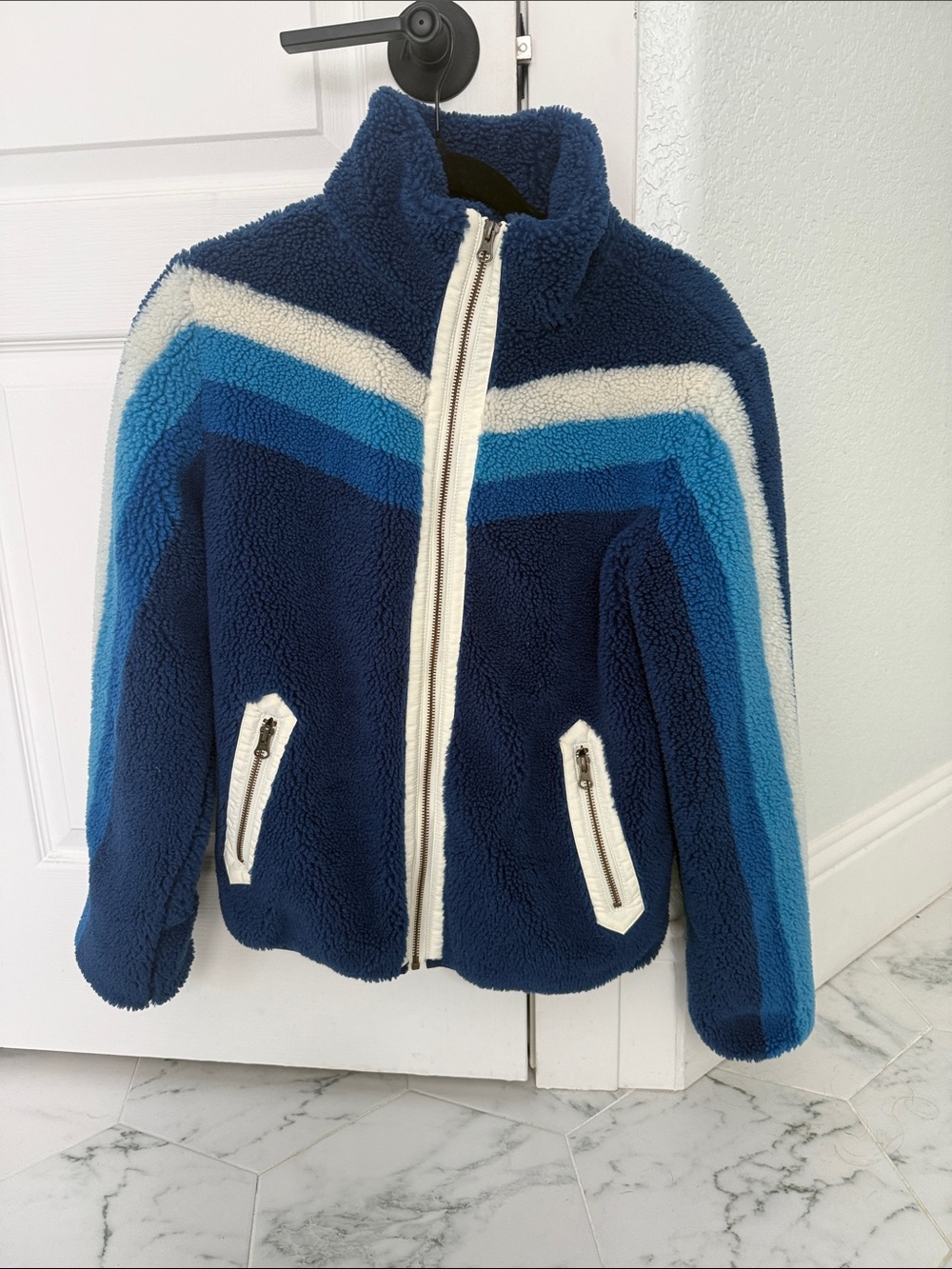 Faherty Navy Blue Sherpa Jacket with Contrast Stripes